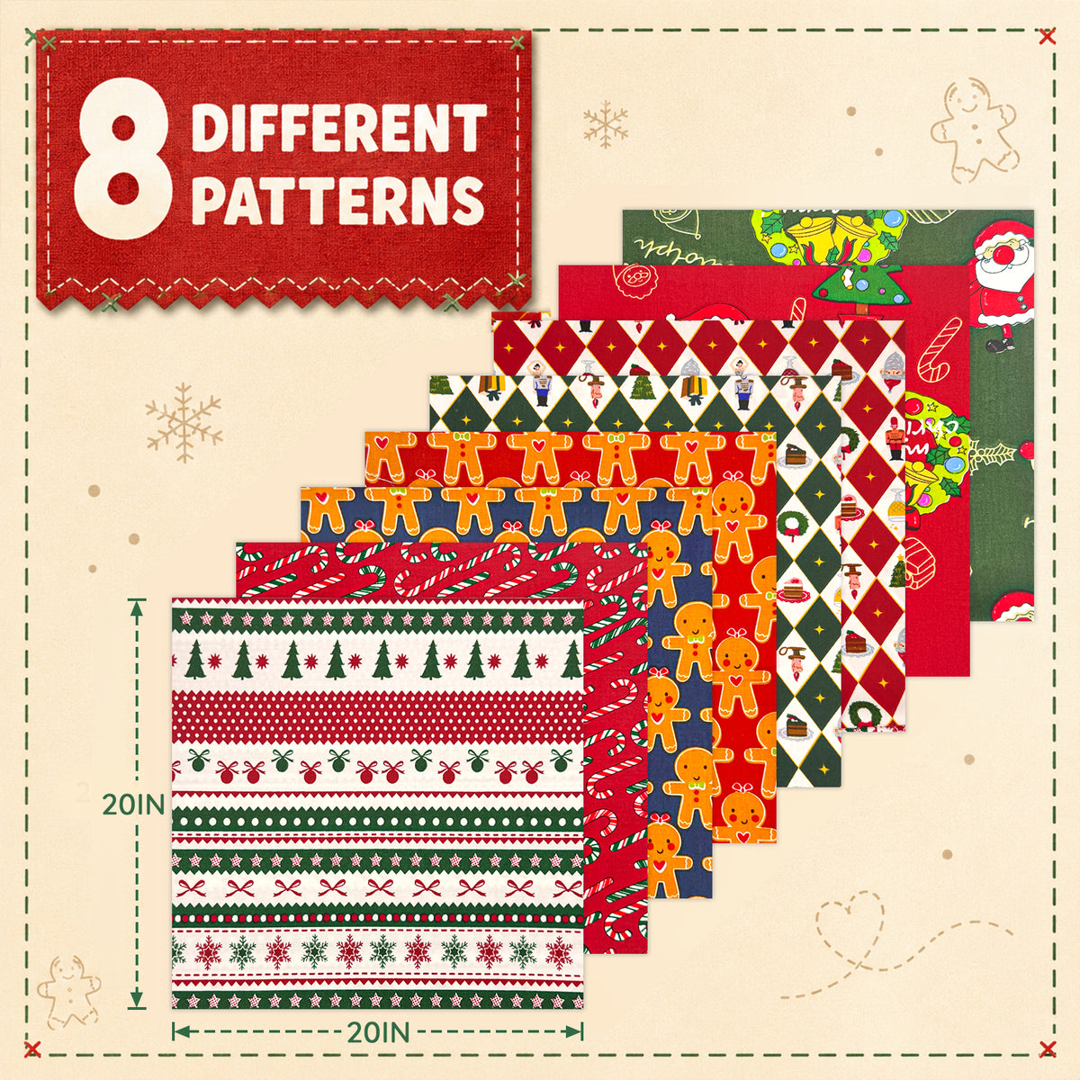 Aubliss 8pcs Fat Quarter Fabric Bundles -Vintage Christmas-20' x 20'