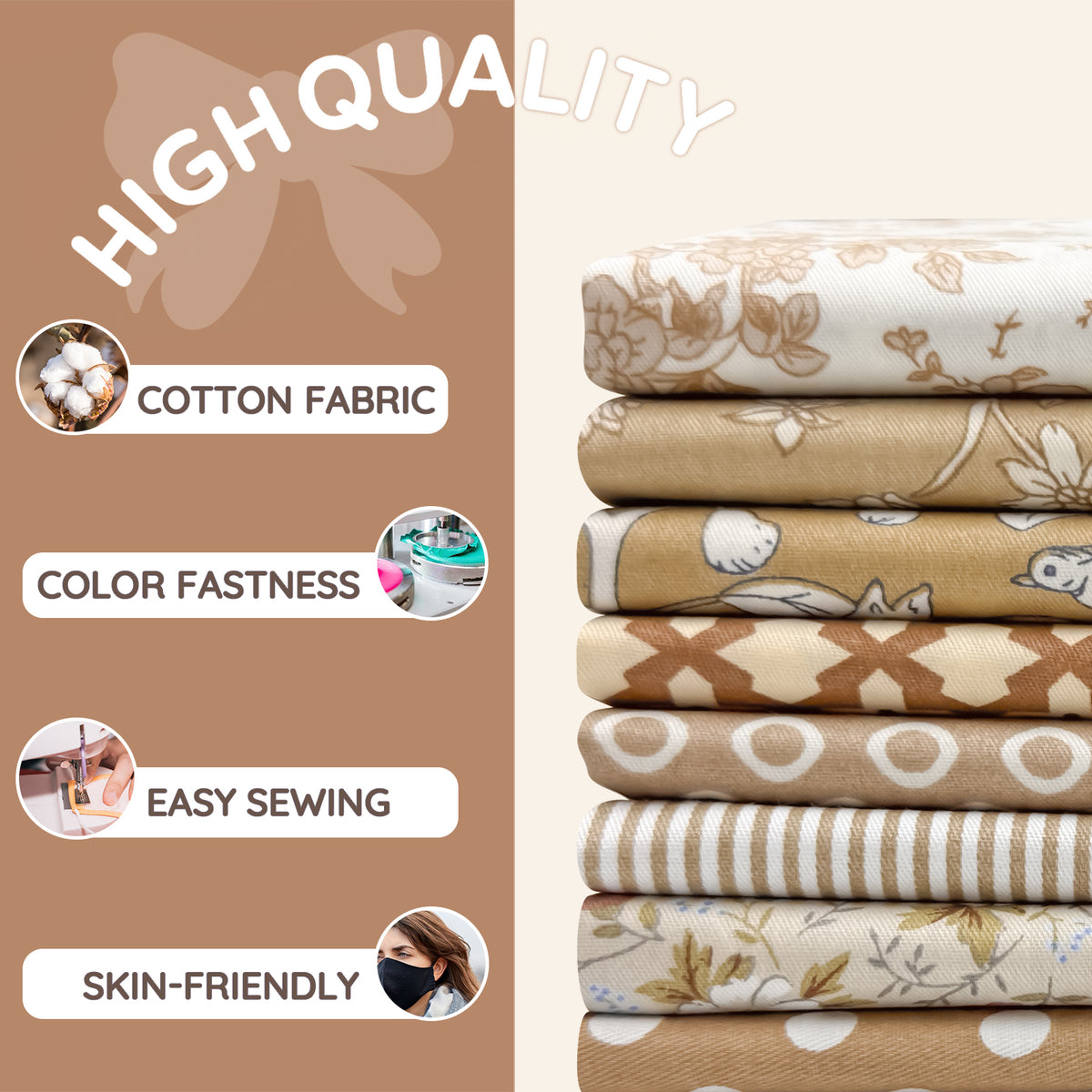 Aubliss 8pcs Fat Quarter Fabric Bundles -Vintage Brown-20' x 20'