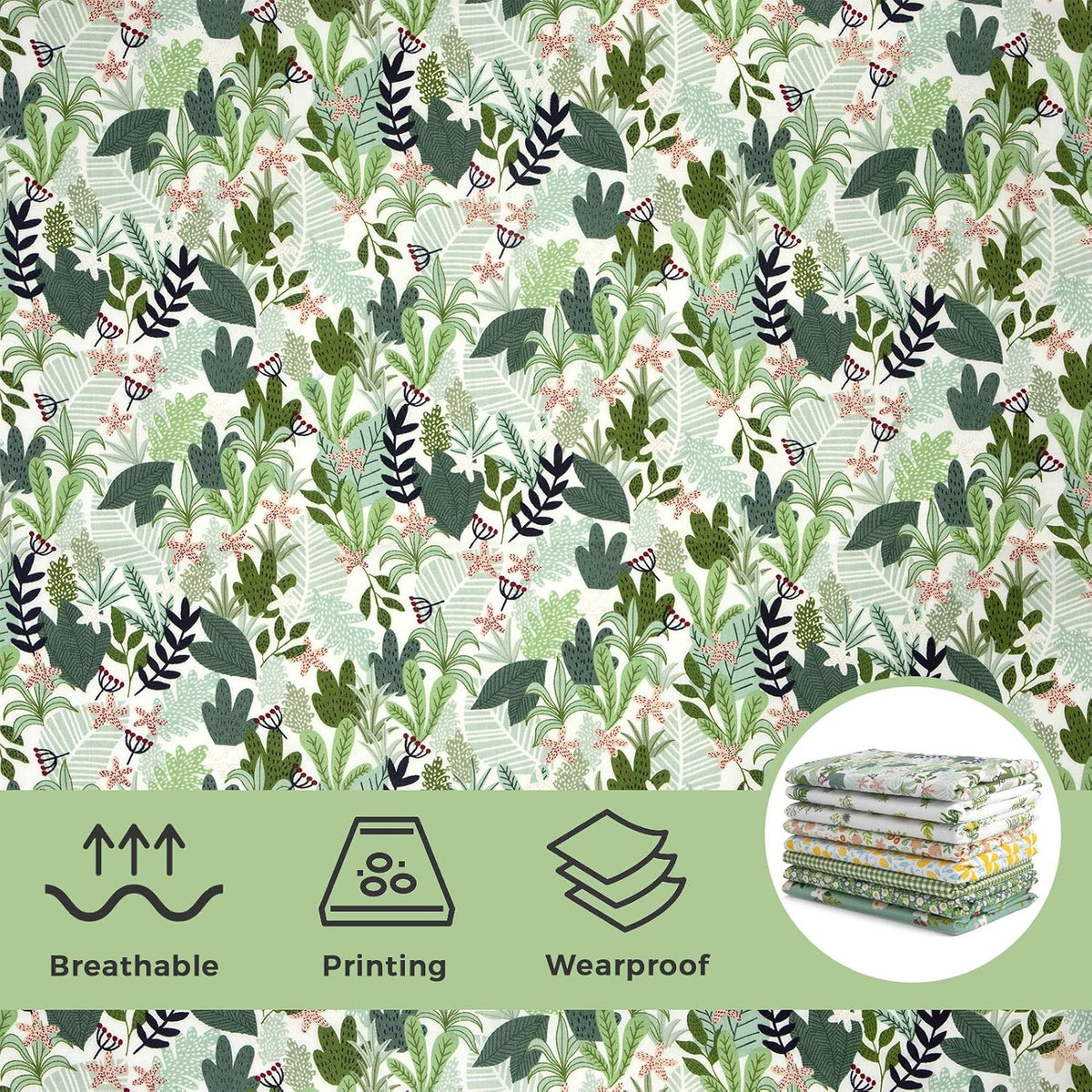 Aubliss 8pcs Fat Quarter Fabric Bundles -Green Floral-20' x 20'