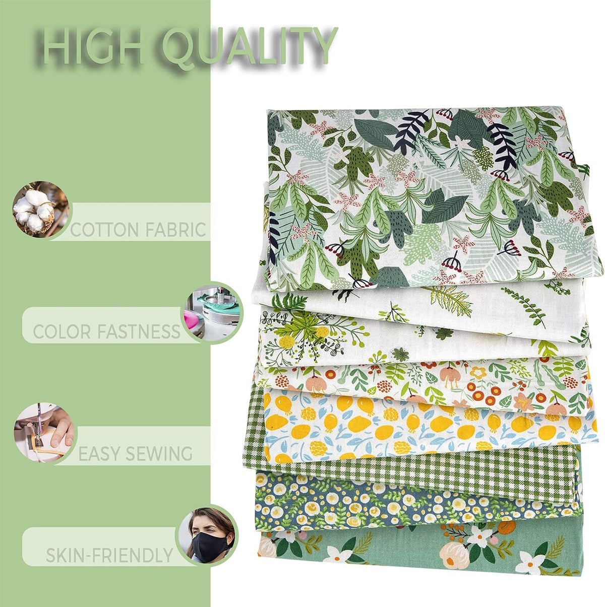 Aubliss 8pcs Fat Quarter Fabric Bundles -Green Floral-20' x 20'