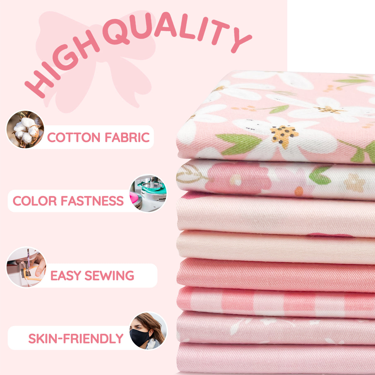 Aubliss 8pcs Fat Quarter Fabric Bundles -Sweet Pink-20' x 20'