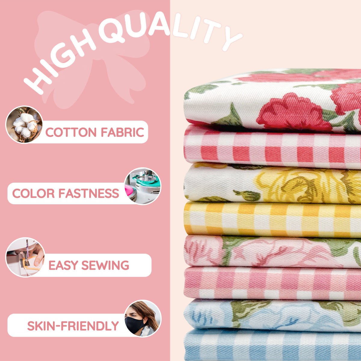Aubliss 8pcs Fat Quarter Fabric Bundles -Rose Gingham-20' x 20'
